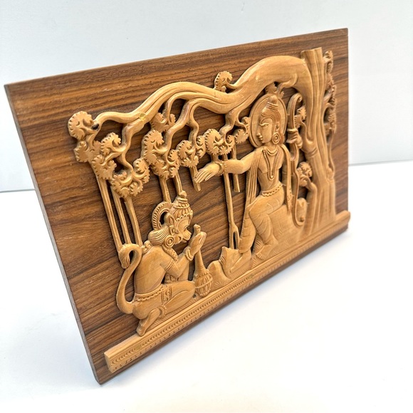 Vintage Hand-carved Teak Wood Raised Relief Hindu Goddess Small Wall Art Panel - Picture 2 of 10